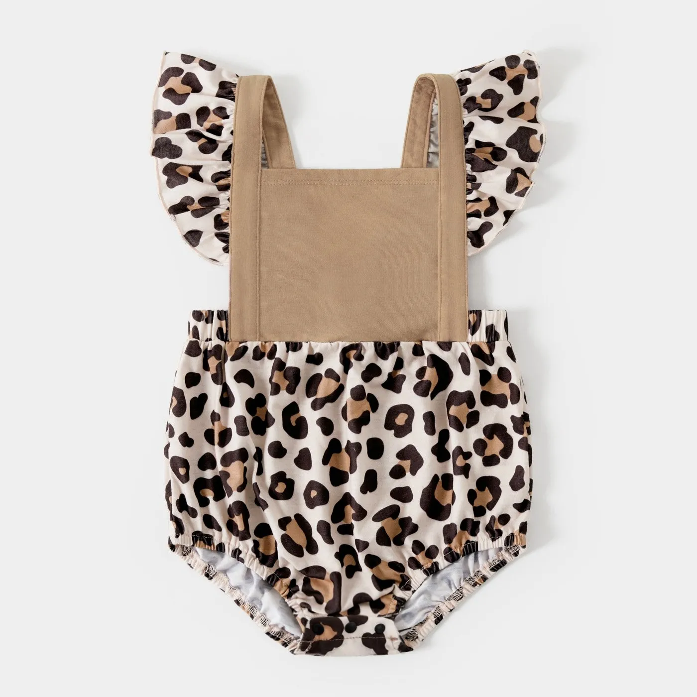 Leopard Splice Short-sleeve Matching Khaki Midi Dresses