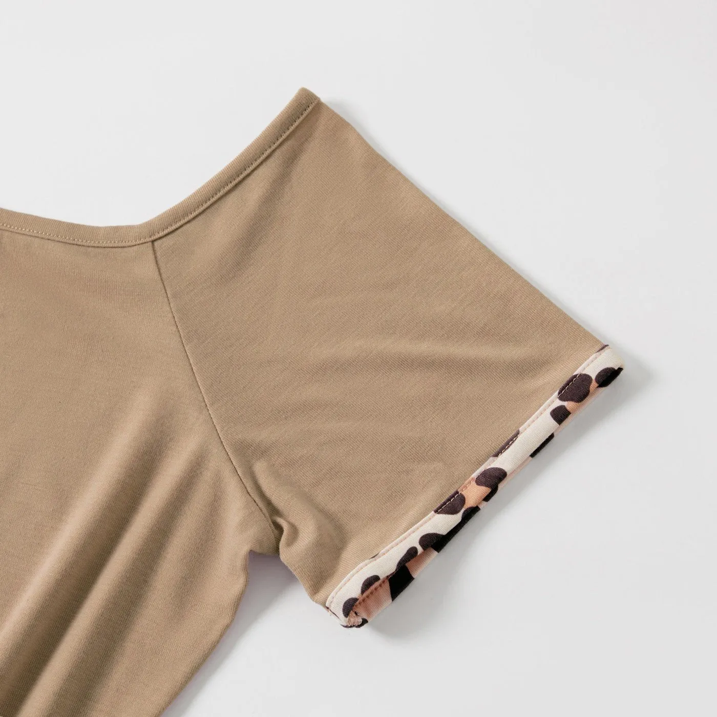 Leopard Splice Short-sleeve Matching Khaki Midi Dresses