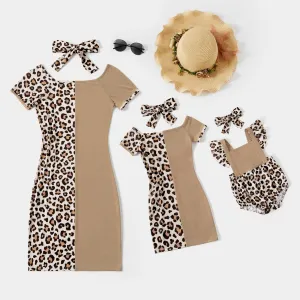 Leopard Splice Short-sleeve Matching Khaki Midi Dresses