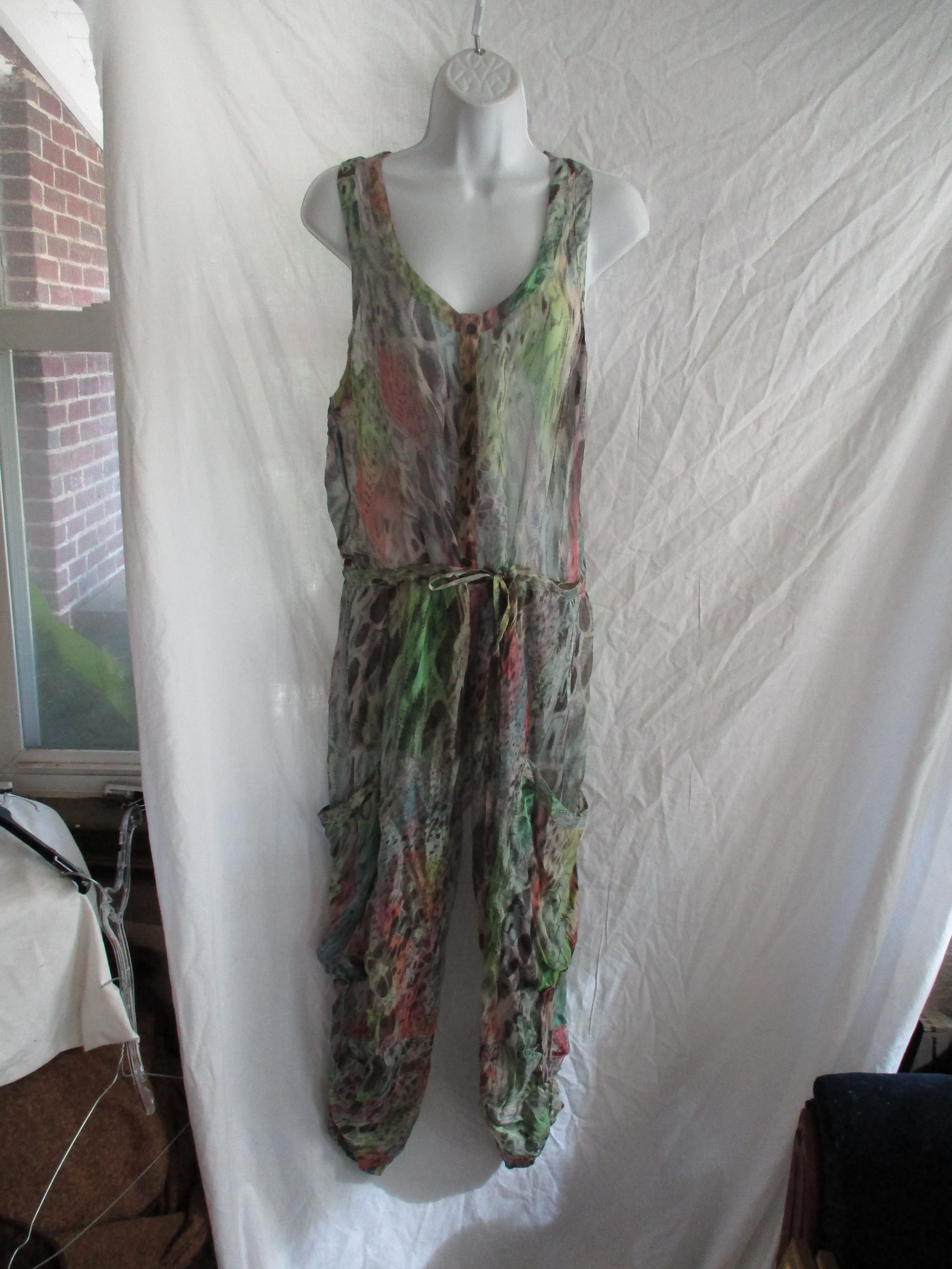 MATTHEW WILLIAMSON ESCAPE SILK PANTSUIT Bodysuit 8 Boho LEOPARD RAINBOW EUC