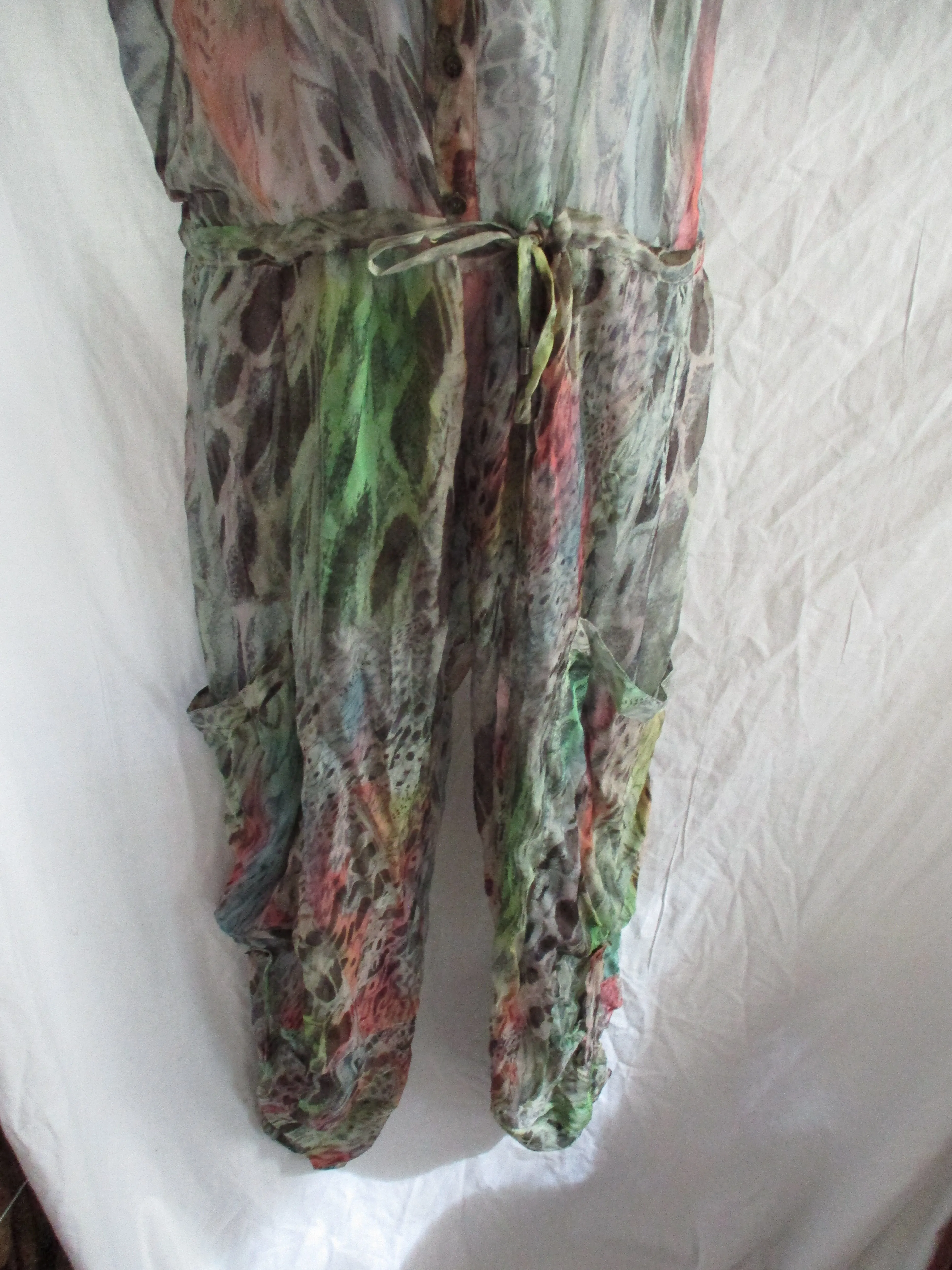 MATTHEW WILLIAMSON ESCAPE SILK PANTSUIT Bodysuit 8 Boho LEOPARD RAINBOW EUC