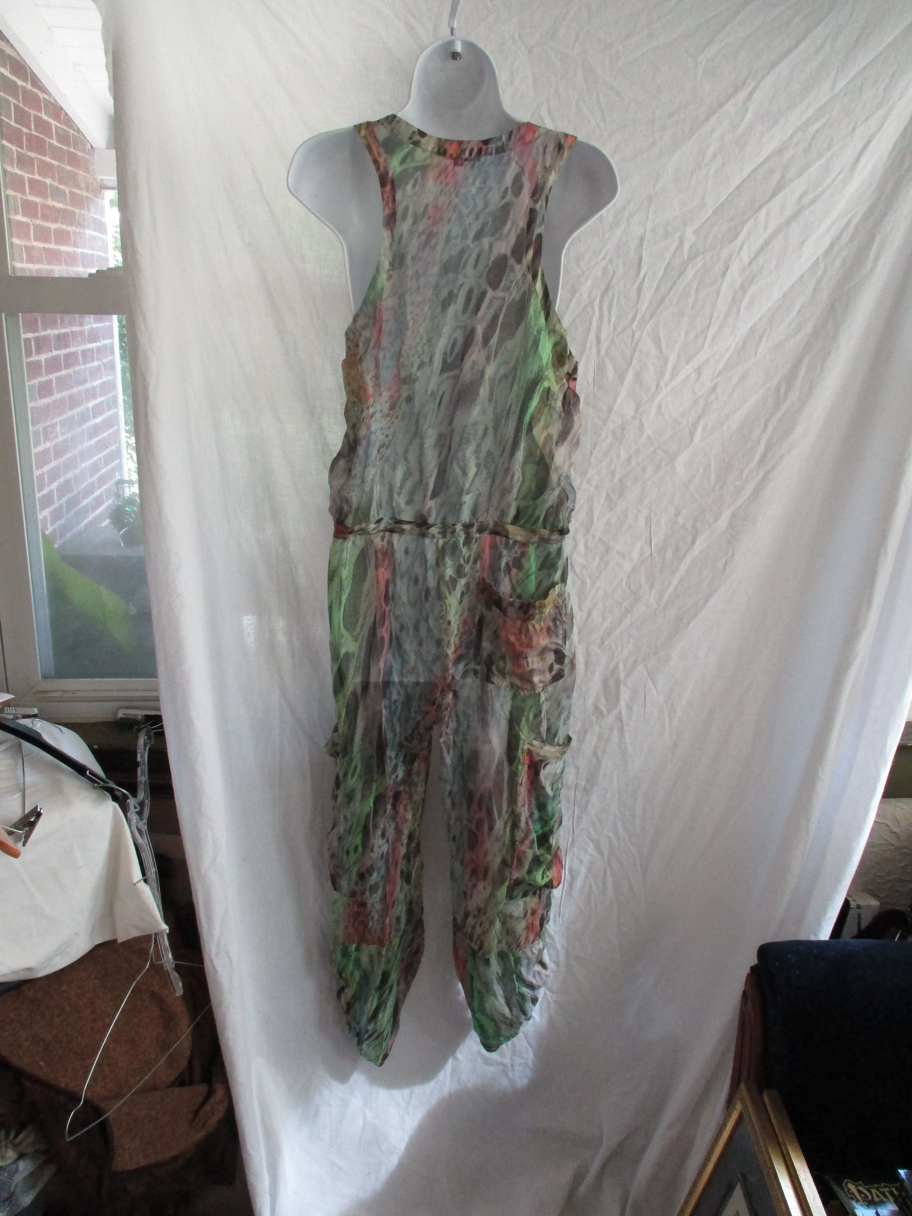MATTHEW WILLIAMSON ESCAPE SILK PANTSUIT Bodysuit 8 Boho LEOPARD RAINBOW EUC