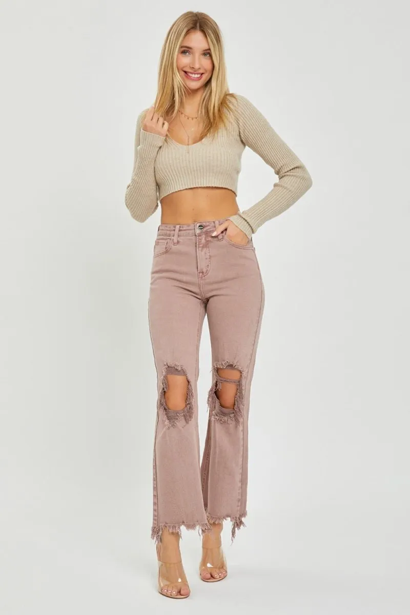 Mauve RISEN Distressed Ankle Bootcut Jeans