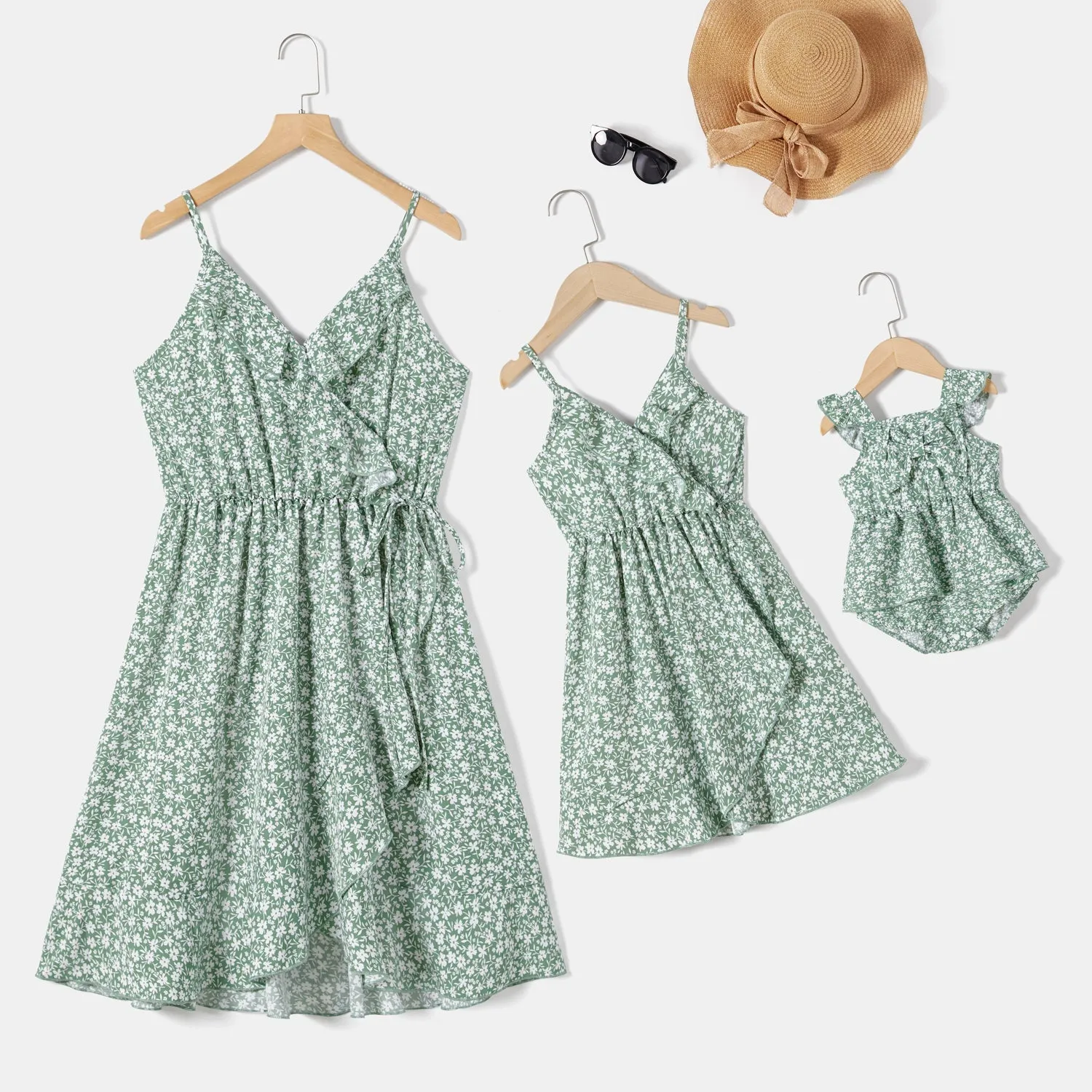 Mommy and Me Allover Floral Print Tie Side Ruffled Wrap Slip Dresses