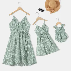 Mommy and Me Allover Floral Print Tie Side Ruffled Wrap Slip Dresses