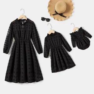 Mommy and Me Black Swiss Dot Long-sleeve Dresses