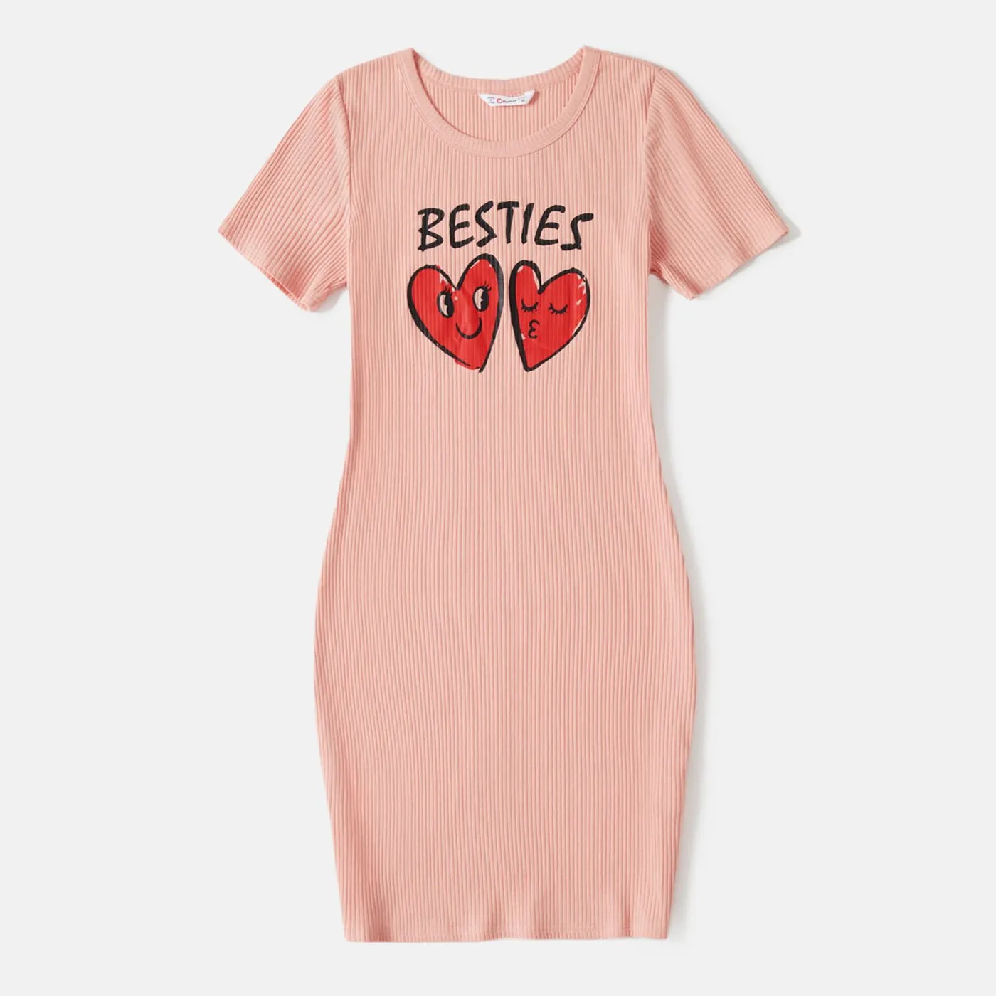 Mommy and Me Pink Cotton Ribbed Heart & Letter Print Short-sleeve Bodycon Dresses