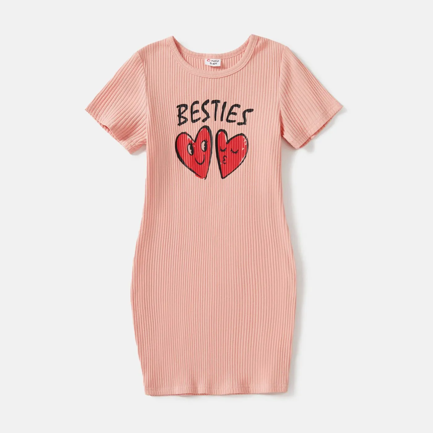 Mommy and Me Pink Cotton Ribbed Heart & Letter Print Short-sleeve Bodycon Dresses