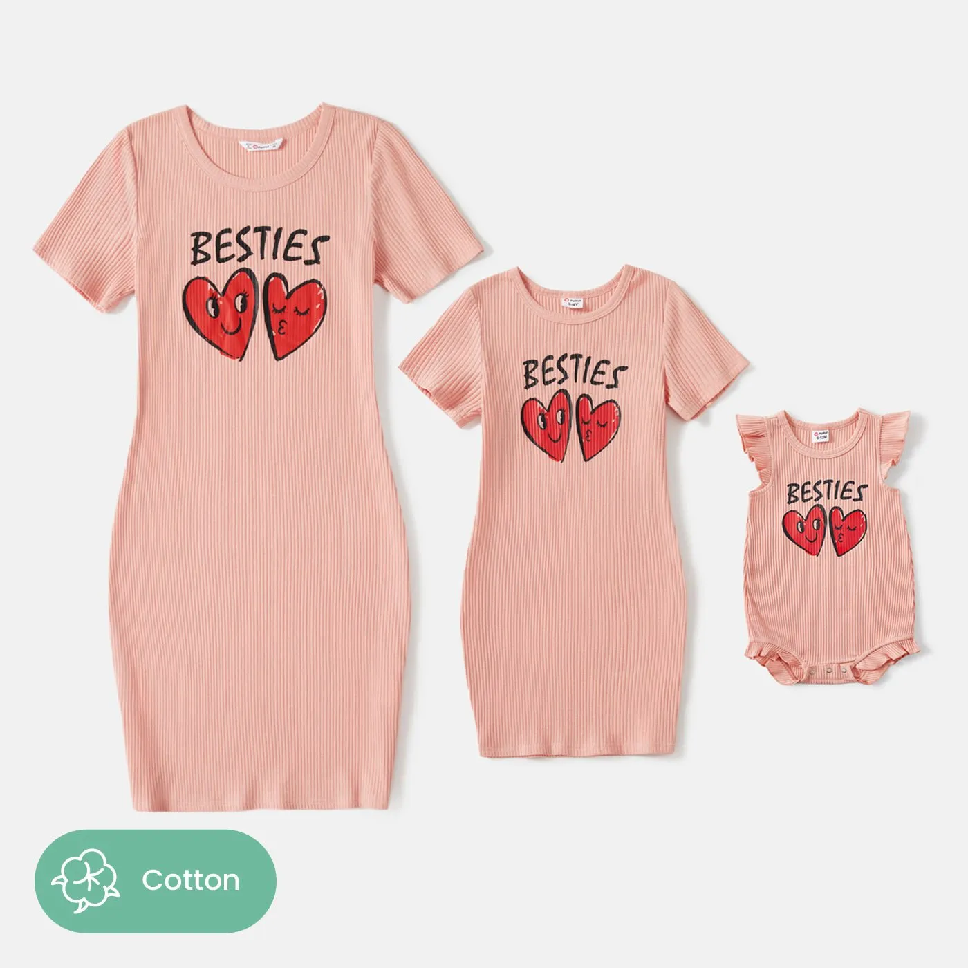 Mommy and Me Pink Cotton Ribbed Heart & Letter Print Short-sleeve Bodycon Dresses