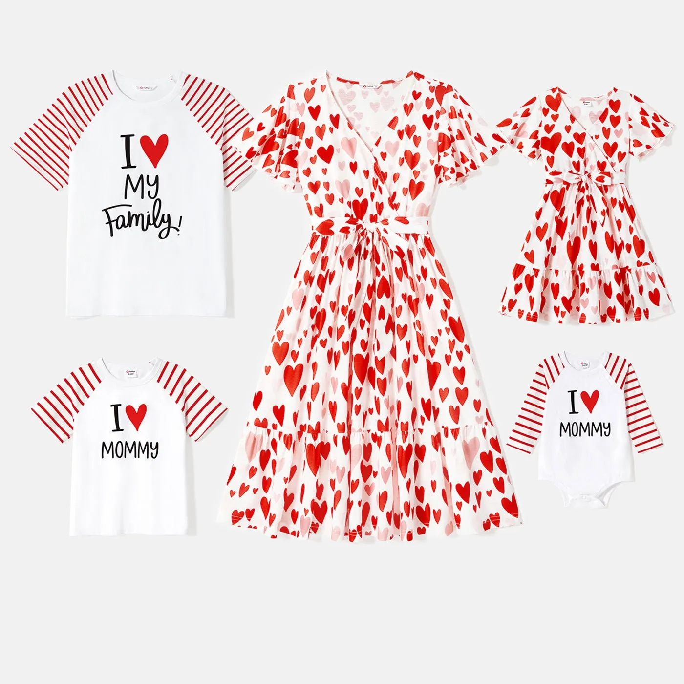 Mother's Day Family Matching 95% Cotton Letter Graphic Striped Raglan Sleeve T-shirts and Allover Red Heart Print Surplice Neck Ruffle-sleeve Belted Naia? Dresses Sets