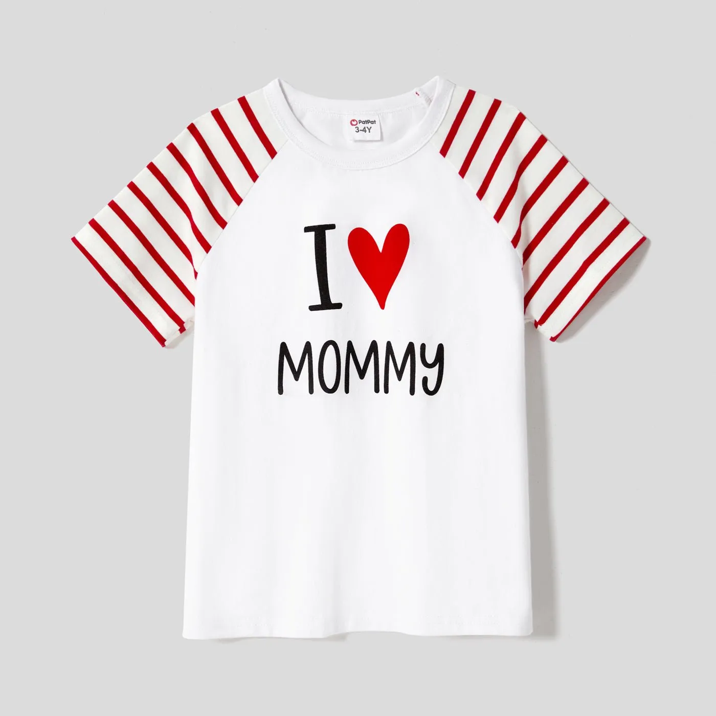 Mother's Day Family Matching 95% Cotton Letter Graphic Striped Raglan Sleeve T-shirts and Allover Red Heart Print Surplice Neck Ruffle-sleeve Belted Naia? Dresses Sets