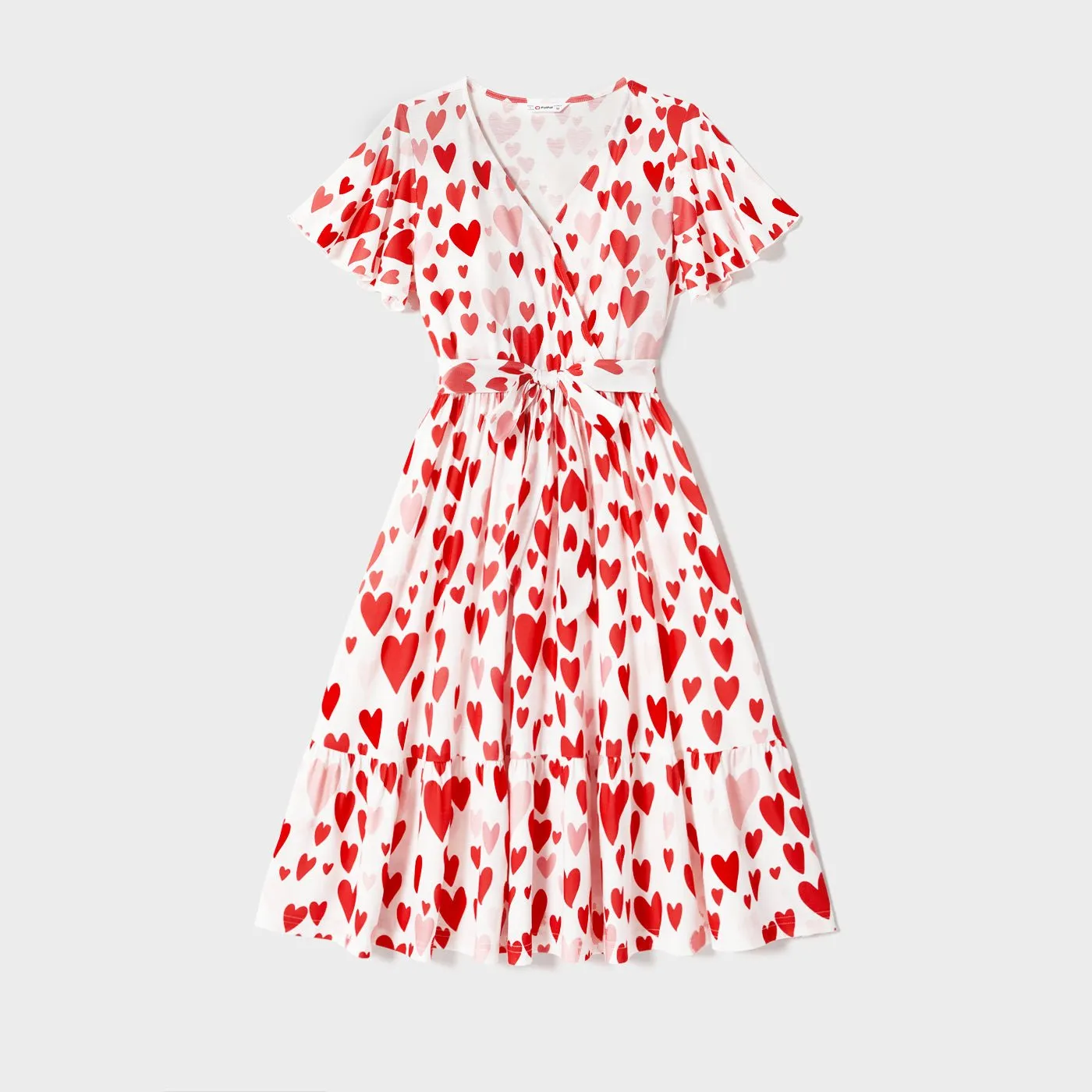 Mother's Day Family Matching 95% Cotton Letter Graphic Striped Raglan Sleeve T-shirts and Allover Red Heart Print Surplice Neck Ruffle-sleeve Belted Naia? Dresses Sets