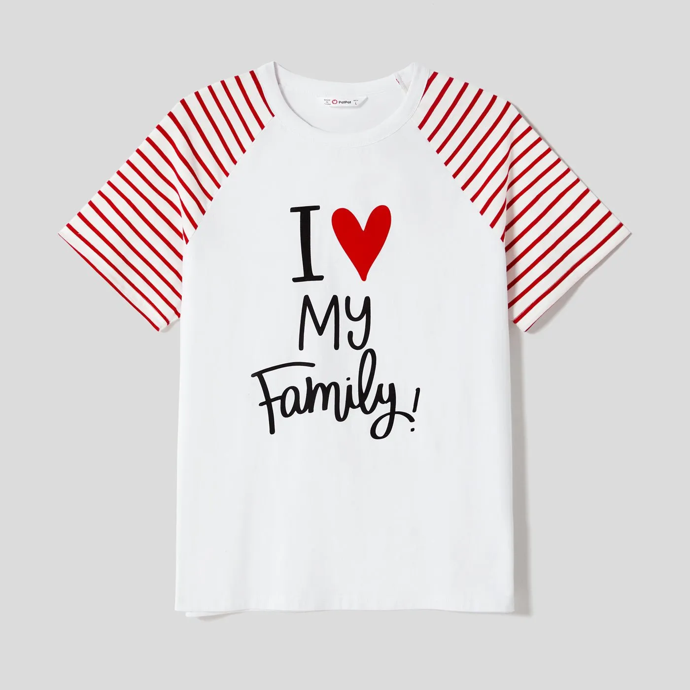 Mother's Day Family Matching 95% Cotton Letter Graphic Striped Raglan Sleeve T-shirts and Allover Red Heart Print Surplice Neck Ruffle-sleeve Belted Naia? Dresses Sets