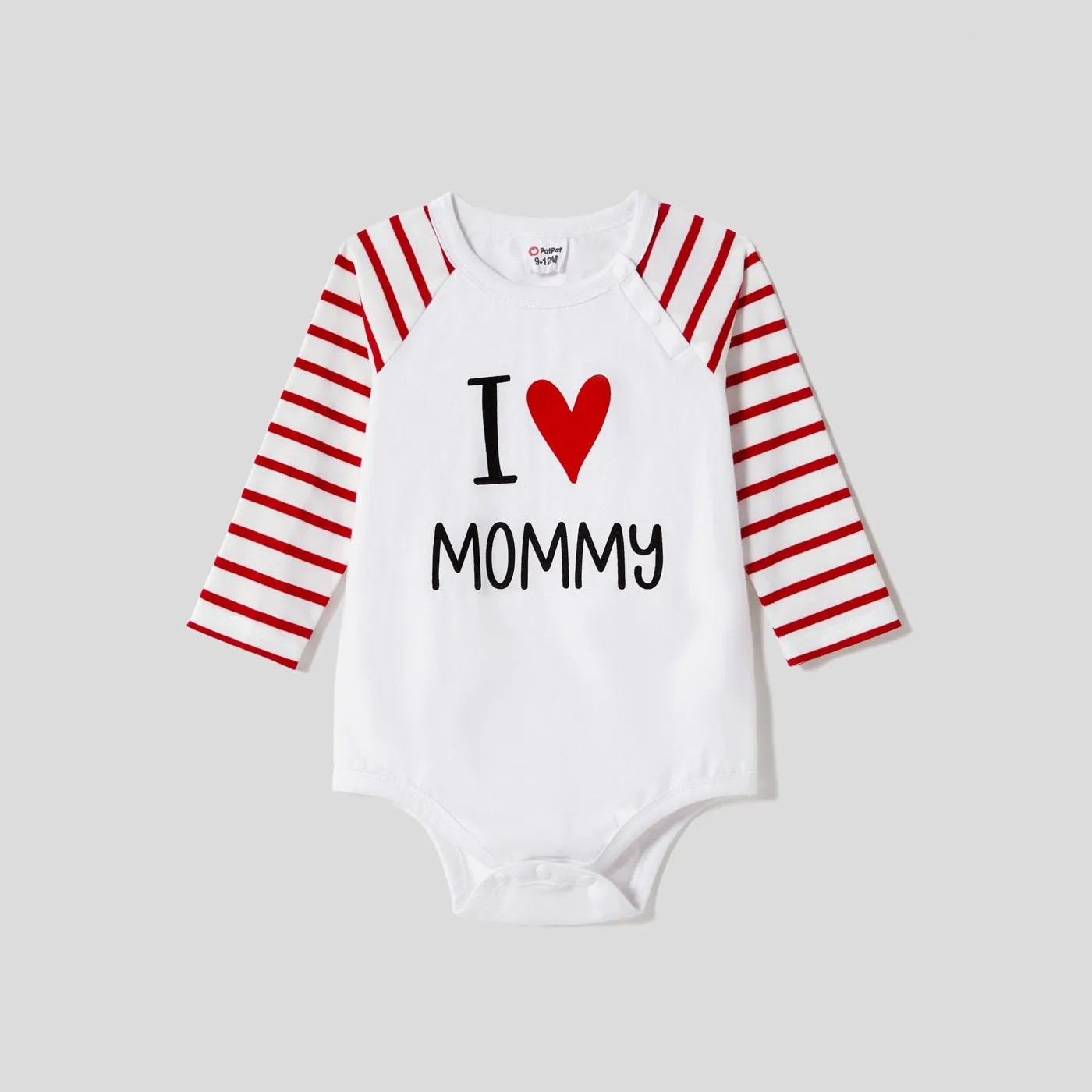 Mother's Day Family Matching 95% Cotton Letter Graphic Striped Raglan Sleeve T-shirts and Allover Red Heart Print Surplice Neck Ruffle-sleeve Belted Naia? Dresses Sets