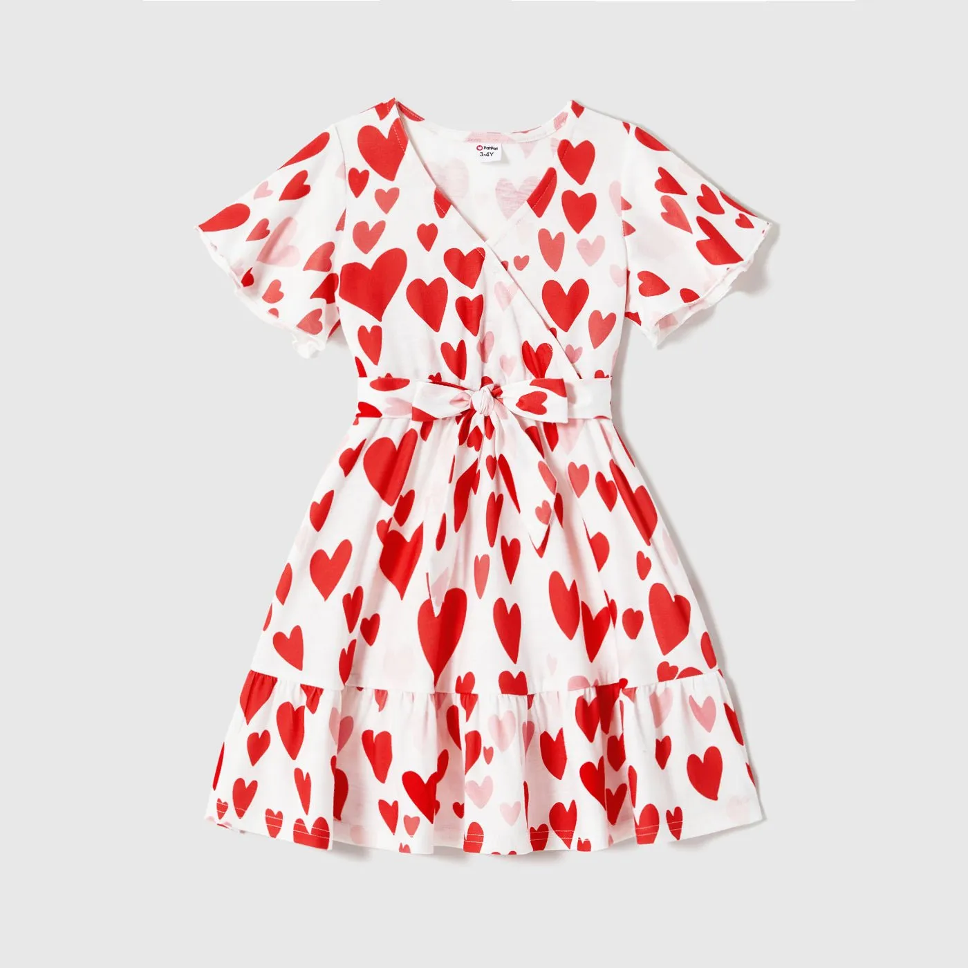 Mother's Day Family Matching 95% Cotton Letter Graphic Striped Raglan Sleeve T-shirts and Allover Red Heart Print Surplice Neck Ruffle-sleeve Belted Naia? Dresses Sets