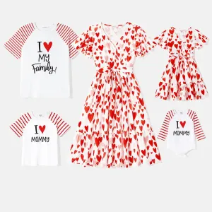 Mother's Day Family Matching 95% Cotton Letter Graphic Striped Raglan Sleeve T-shirts and Allover Red Heart Print Surplice Neck Ruffle-sleeve Belted Naia? Dresses Sets