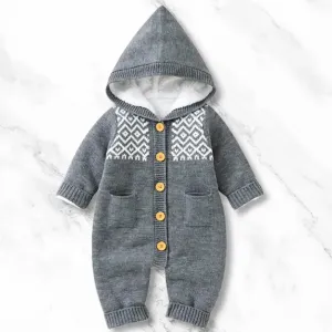 Nordic Knit Hooded Romper ❄️ Warm Fleece Lining (0-18M)