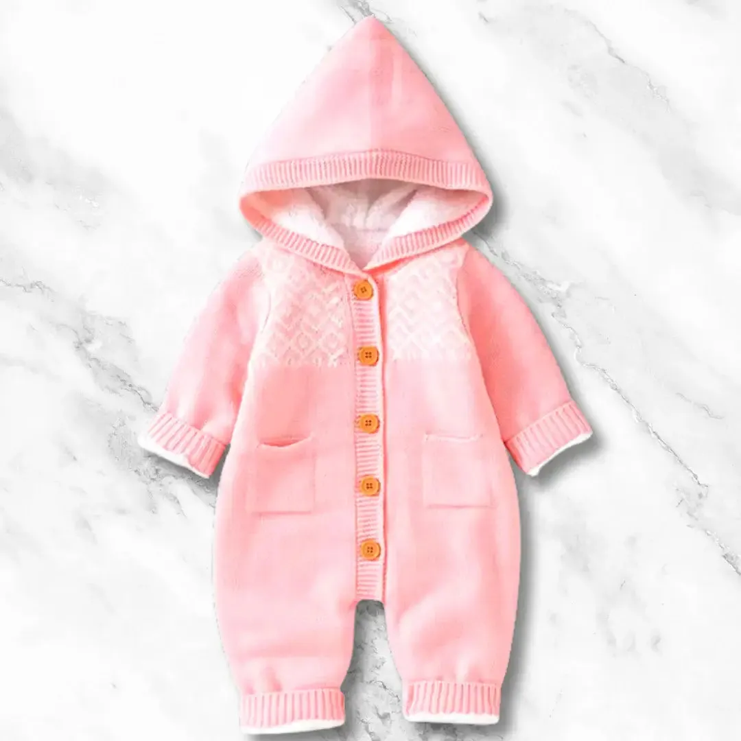 Nordic Knit Hooded Romper ❄️ Warm Fleece Lining (0-18M)