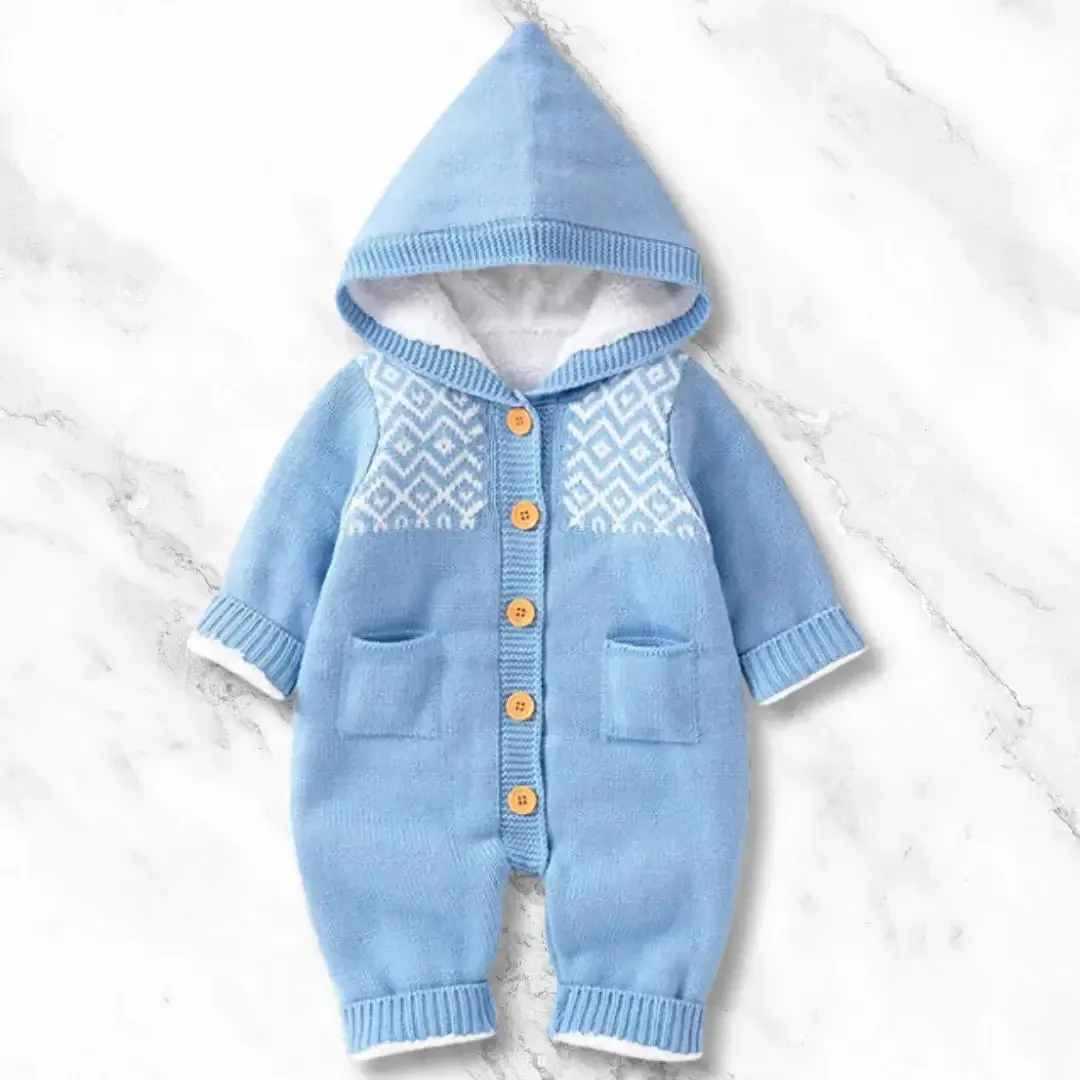 Nordic Knit Hooded Romper ❄️ Warm Fleece Lining (0-18M)
