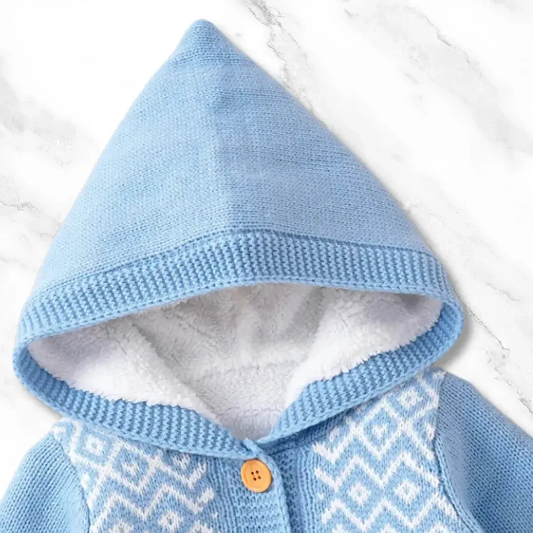 Nordic Knit Hooded Romper ❄️ Warm Fleece Lining (0-18M)