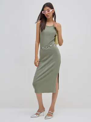 Nuon Olive Ribbed Textured Cotton Bodycon Dress