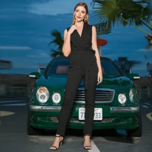 Office Blazer Sleeveless Black Deep  Jumpsuit