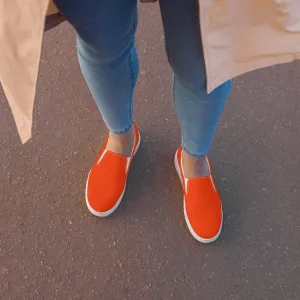 Orange Women's Slip Ons, Solid Colorful Orange Color Modern Minimalist Women’s Slip-On Canvas Shoes (US Size: 5-12)