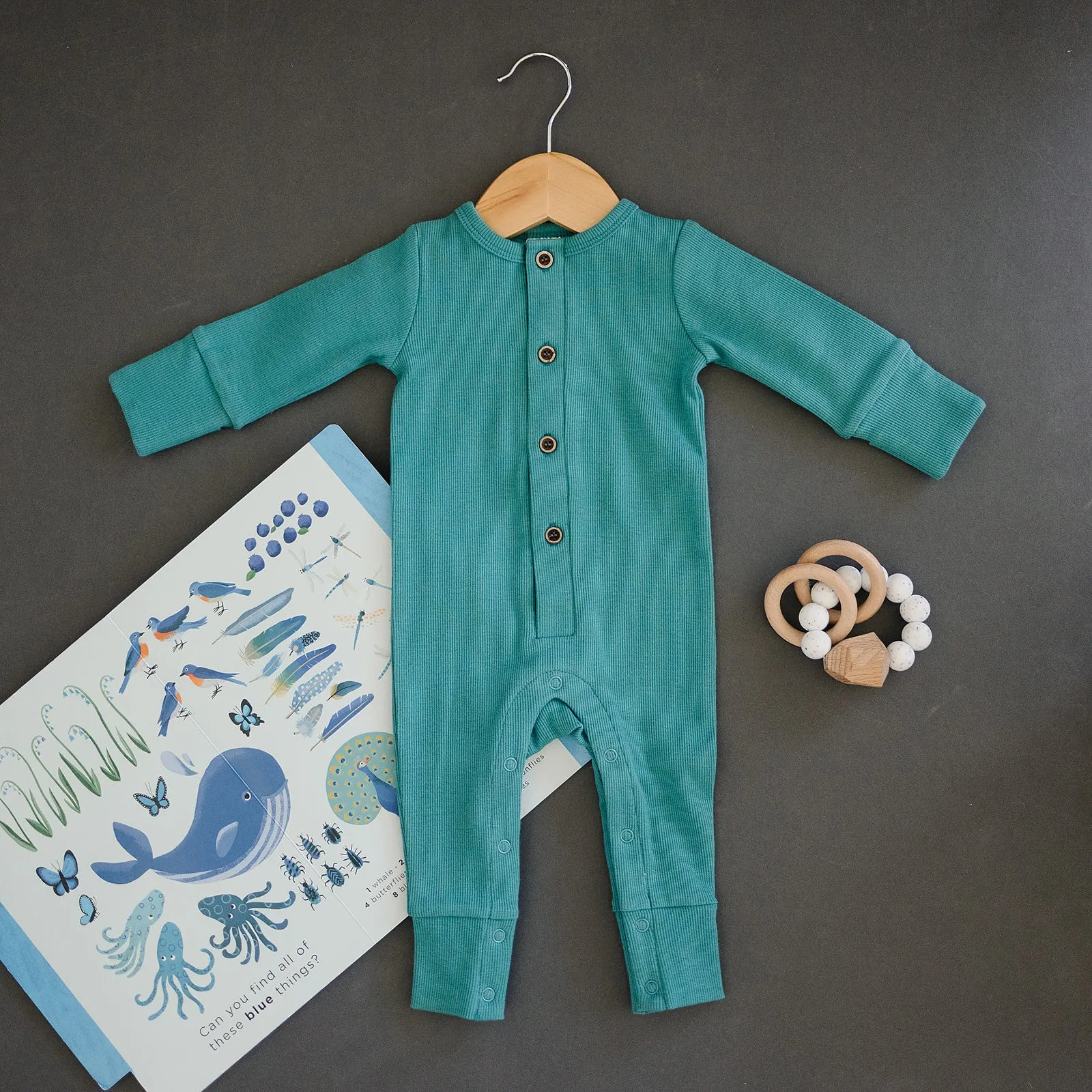Organic Ribbed Button One Piece - Hawaiian Blue