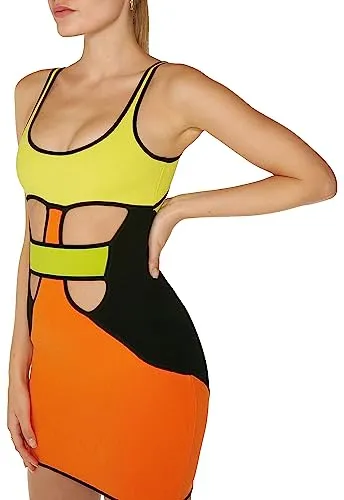 Peter Dundas, Pacific Mango Black Mini Dress, 4, Black/Yellow/Orange