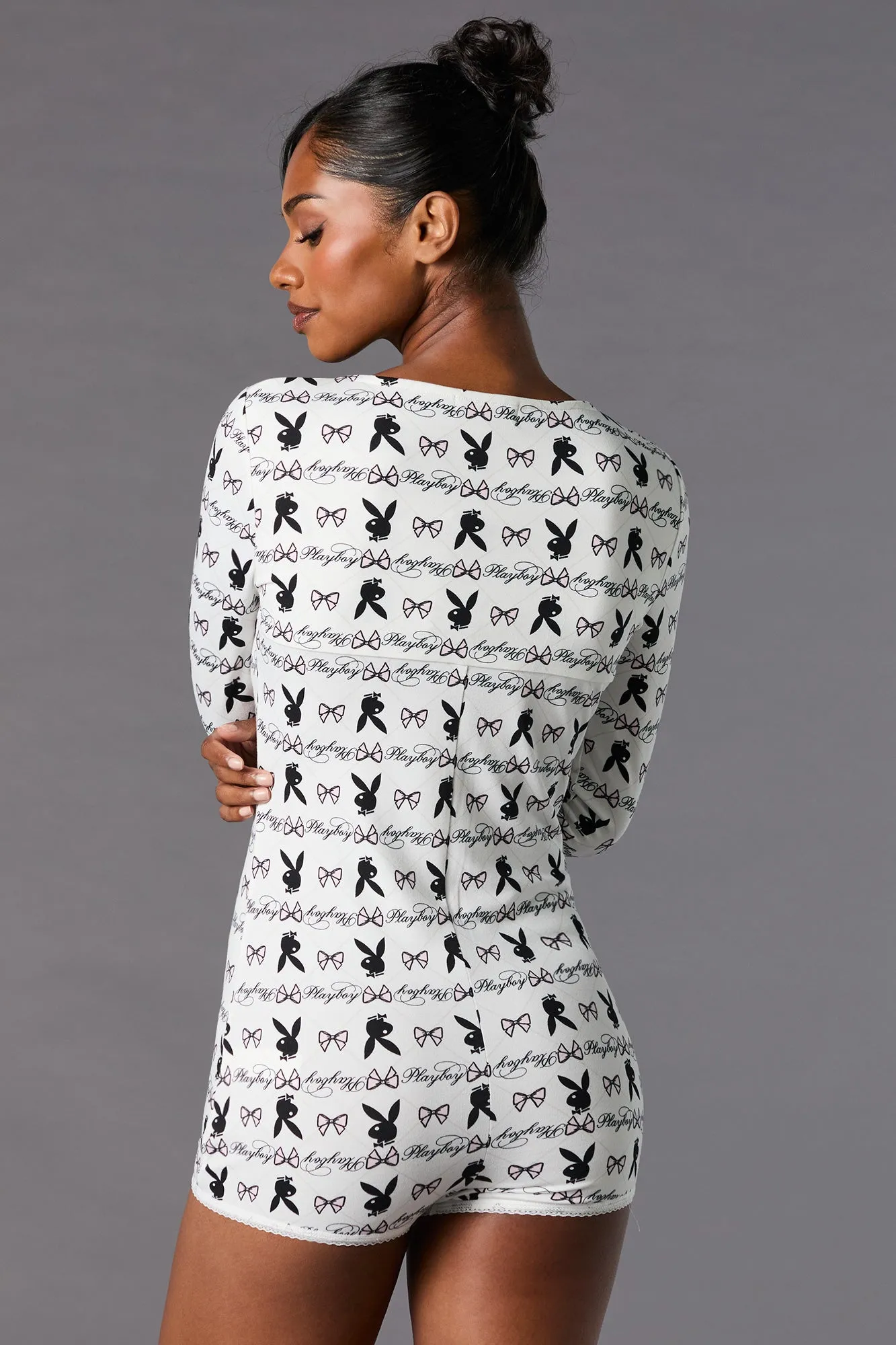 Playboy Print Lace Trim Pajama Romper