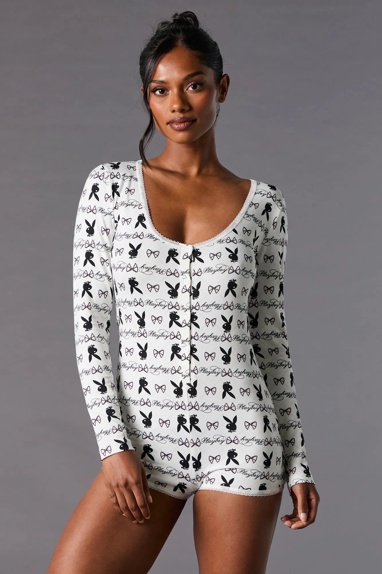 Playboy Print Lace Trim Pajama Romper