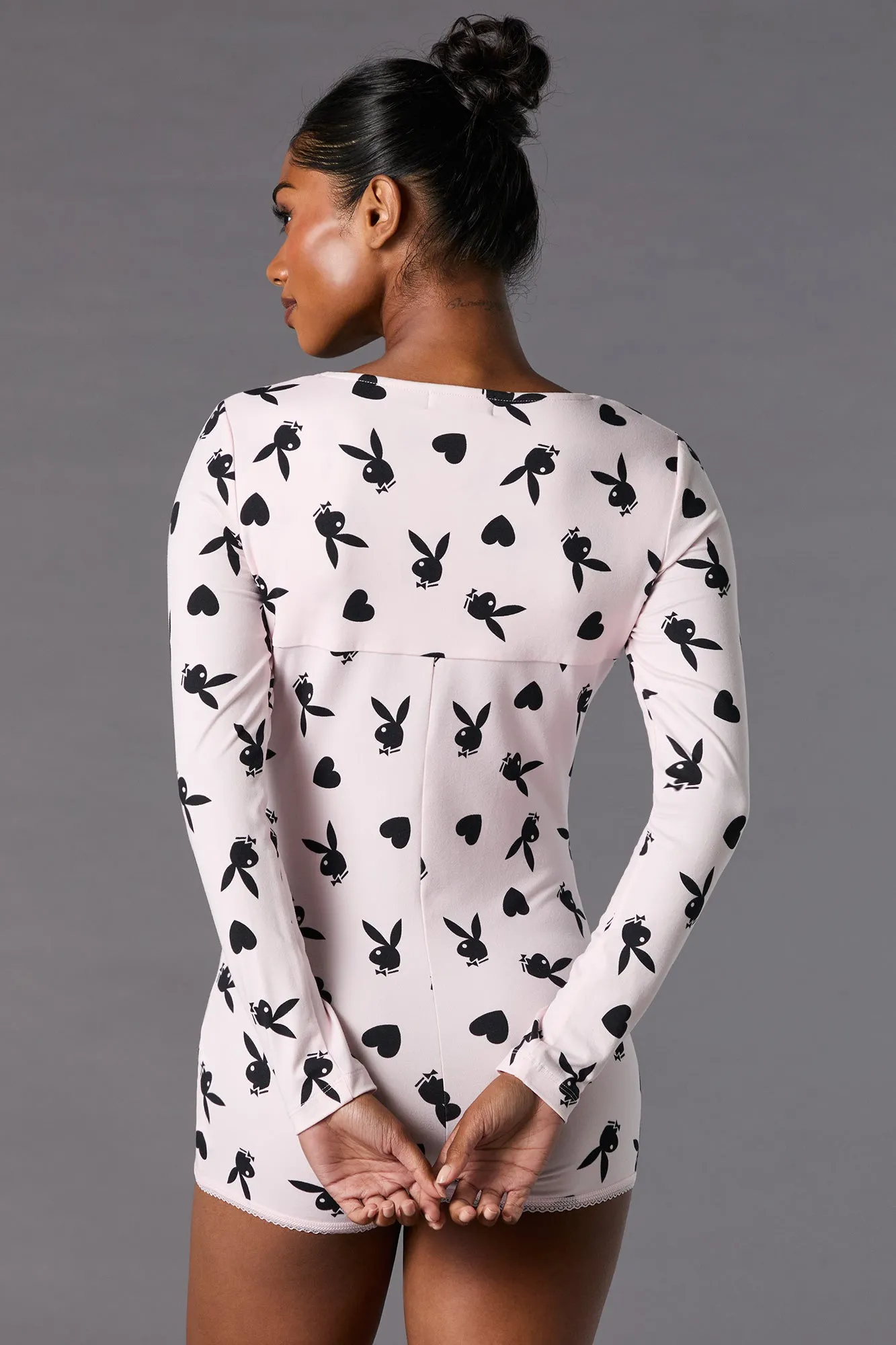 Playboy Print Lace Trim Pajama Romper
