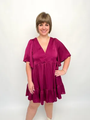 Plum Cape Sleeve Button Dress
