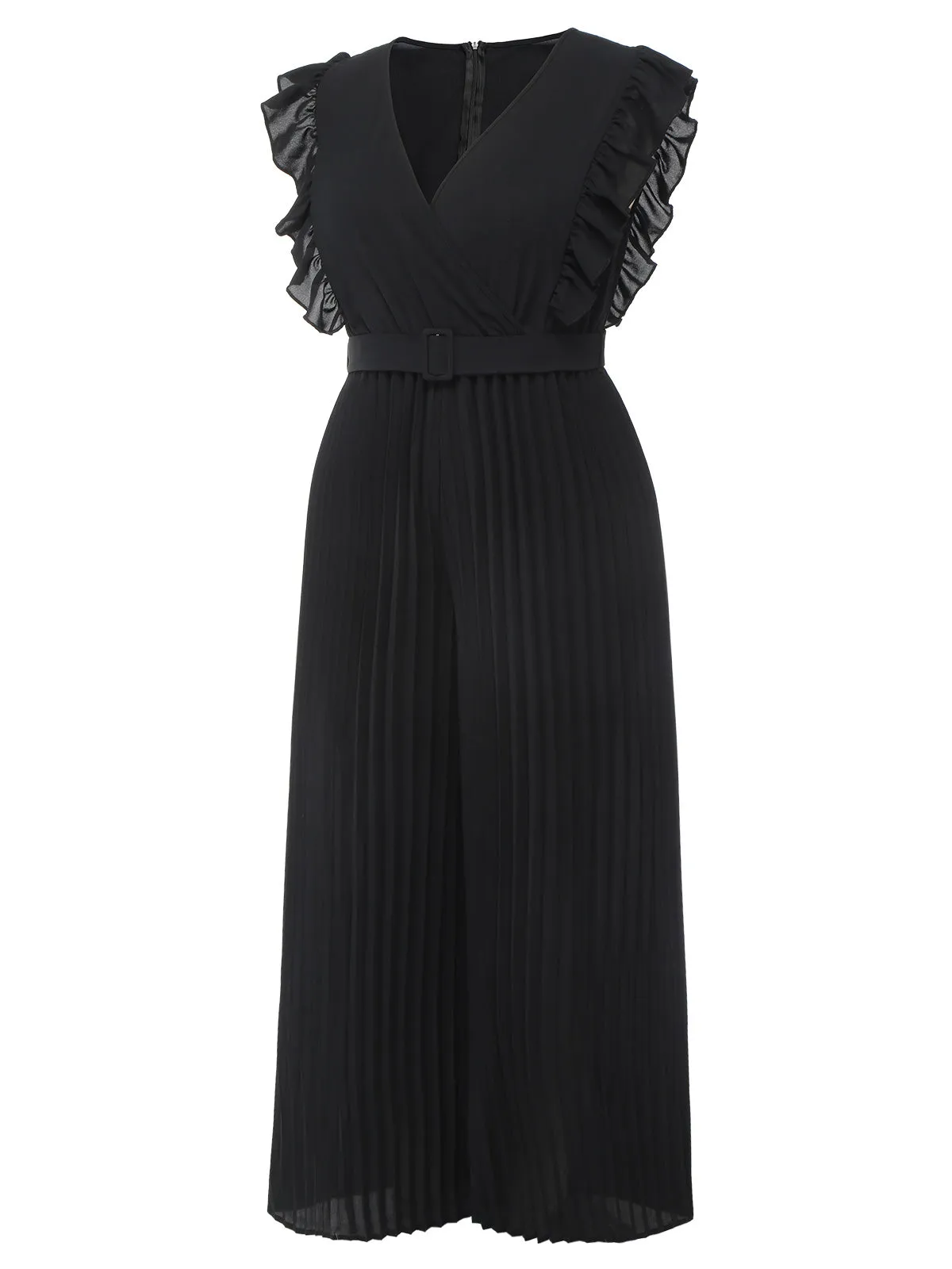 [Plus Size] Black 1930s Ruffle V-Neck Pleated Jumpsuit