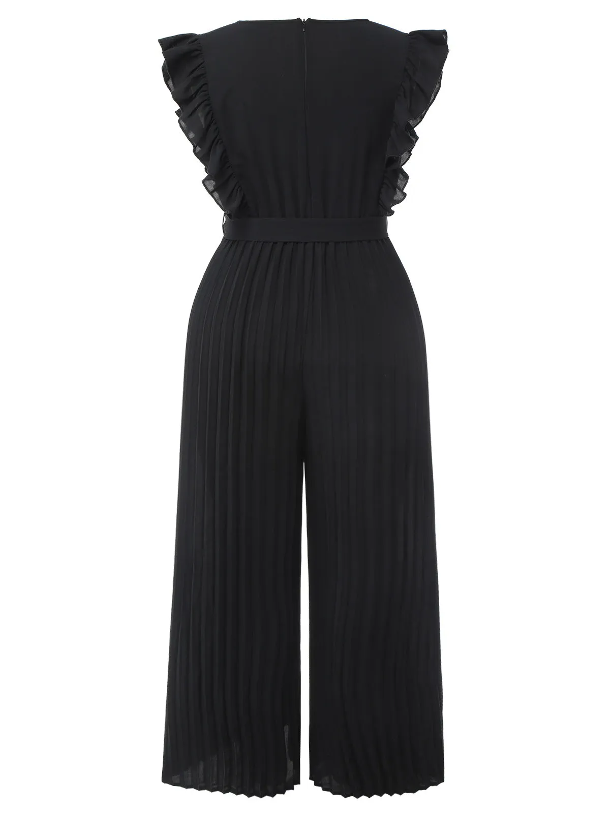 [Plus Size] Black 1930s Ruffle V-Neck Pleated Jumpsuit