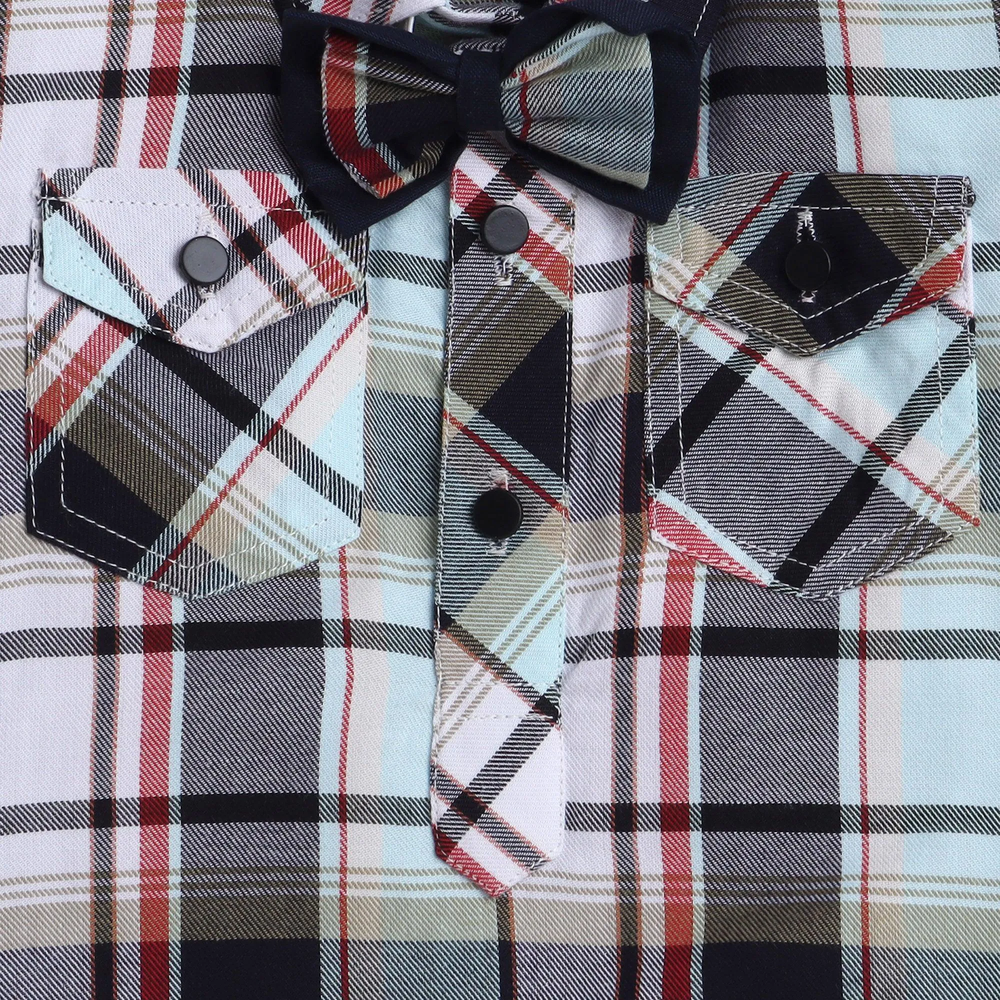 Polka Tots Cotton Half Sleeve Checks Party Wear Shirt Romper With Dual Bow - Black & Blue