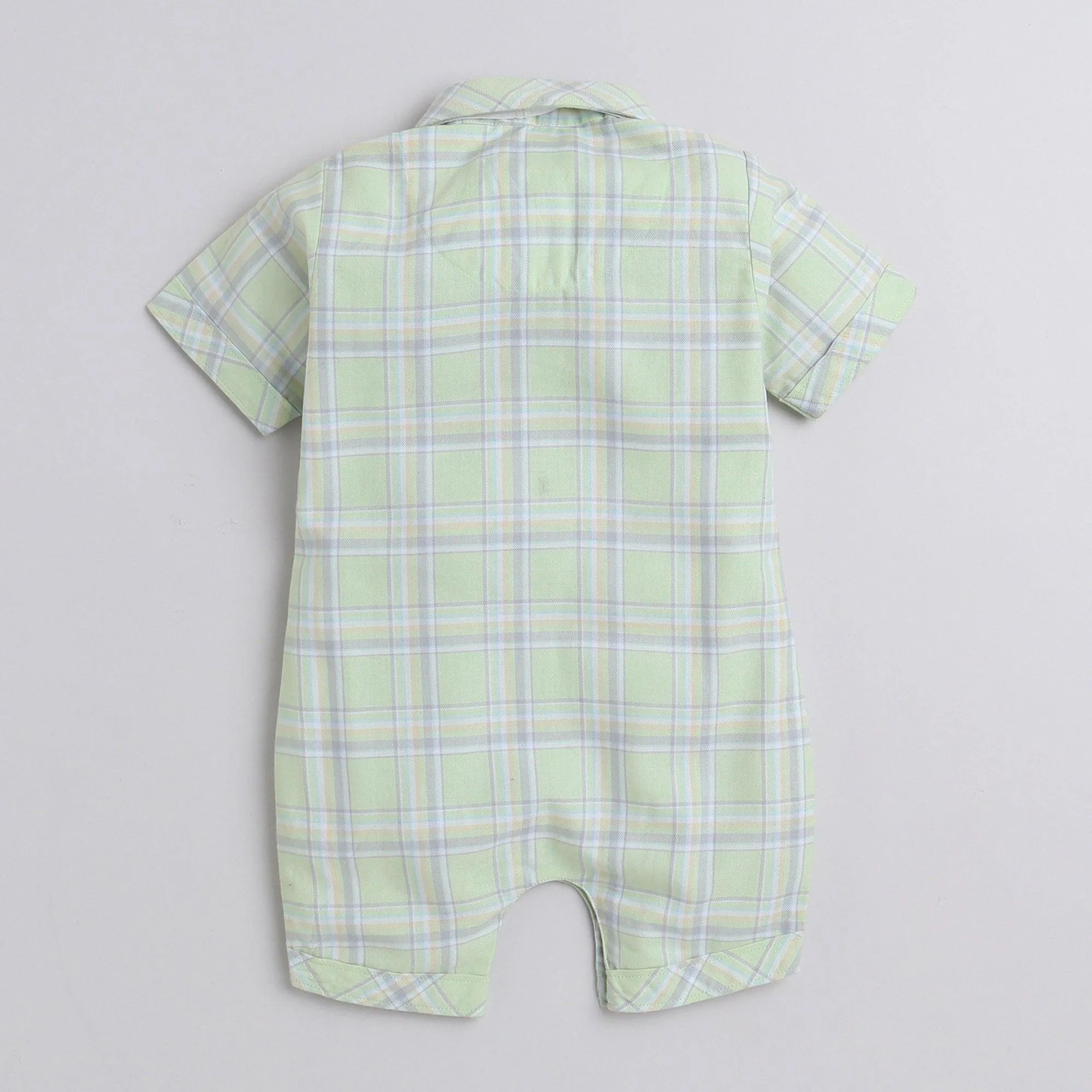 Polka Tots Cotton Half Sleeve Checks Party Wear Shirt Romper With Dual Bow - Light Green