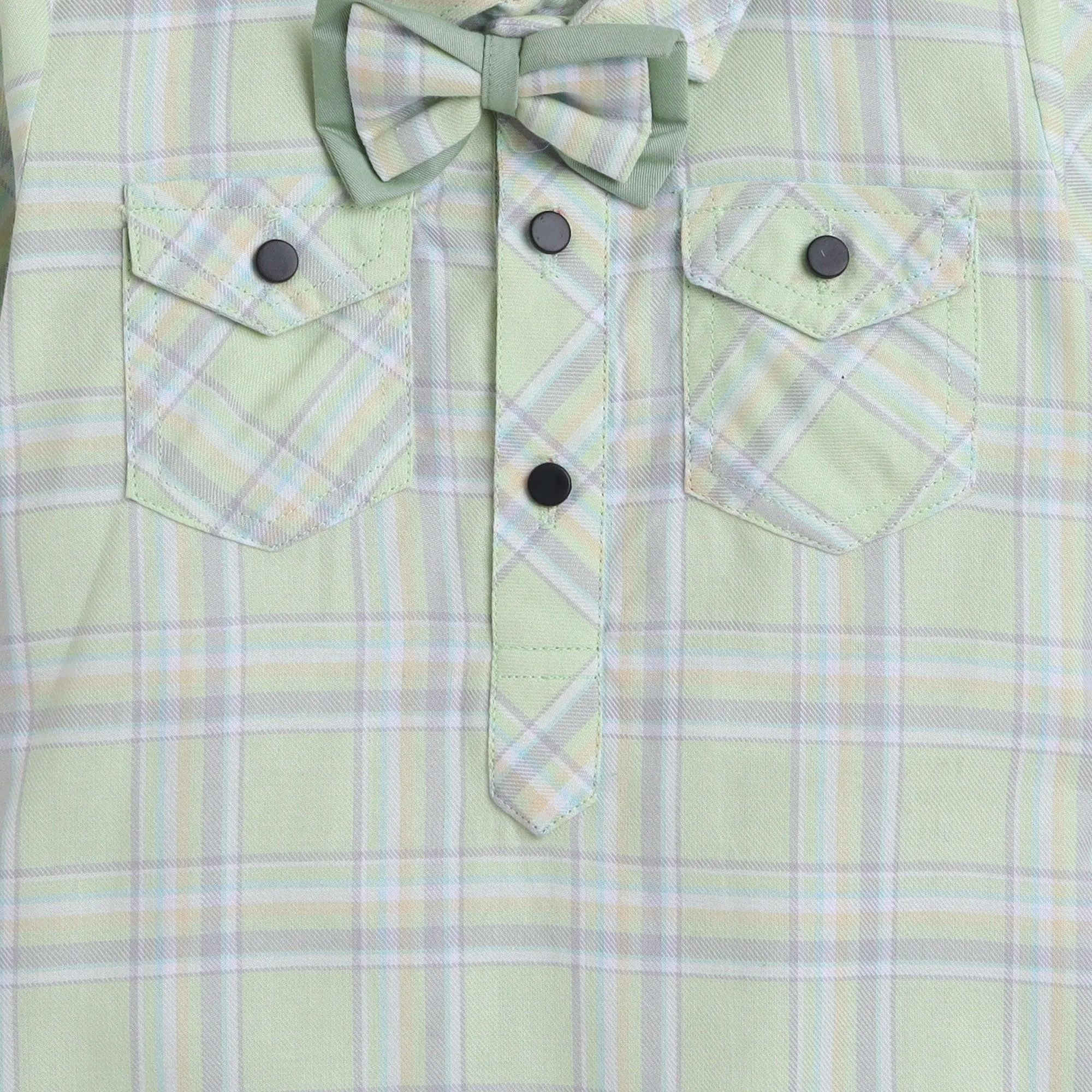 Polka Tots Cotton Half Sleeve Checks Party Wear Shirt Romper With Dual Bow - Light Green