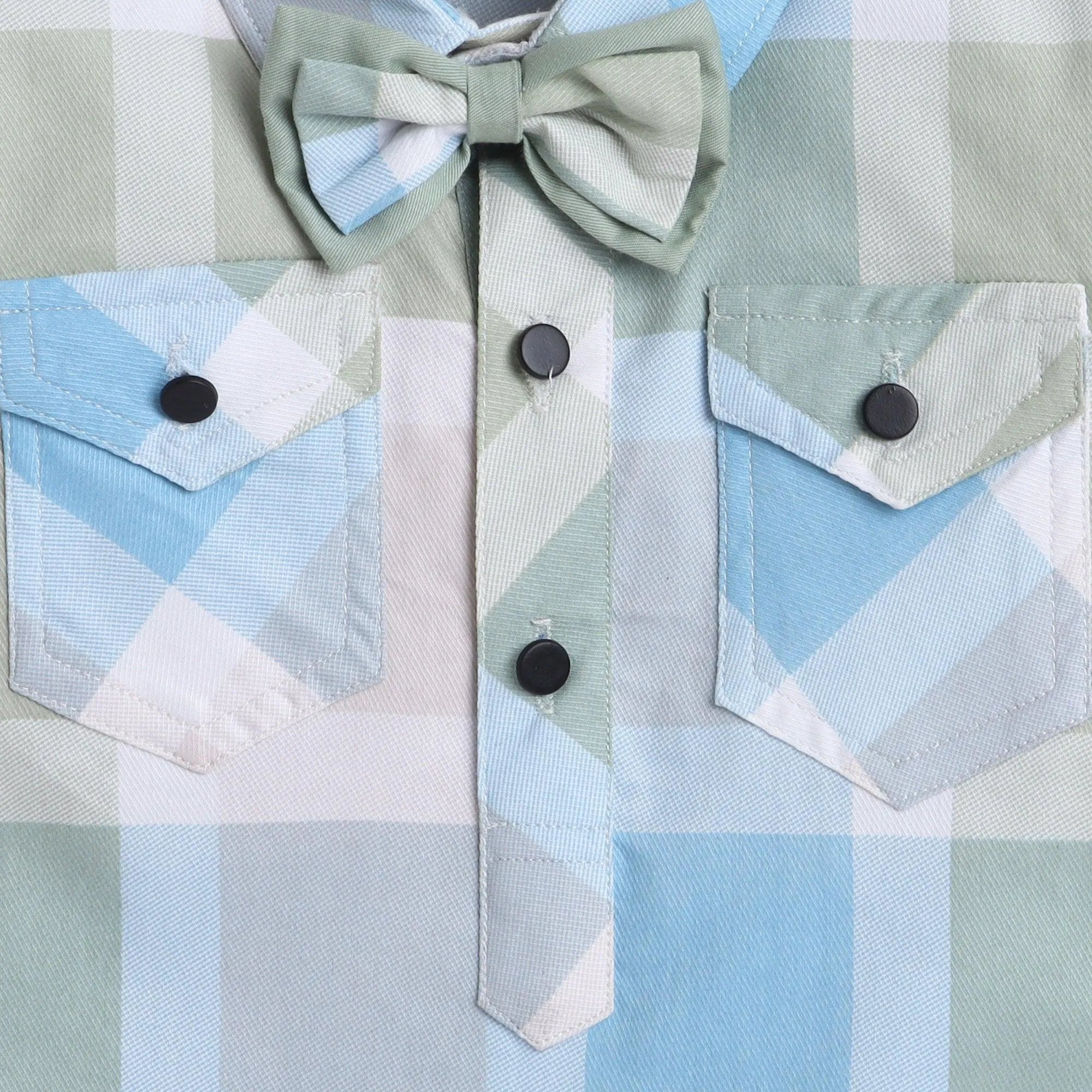 Polka Tots Cotton Half Sleeve Checks Party Wear Shirt Romper With Dual Bow - Pista Green & Blue