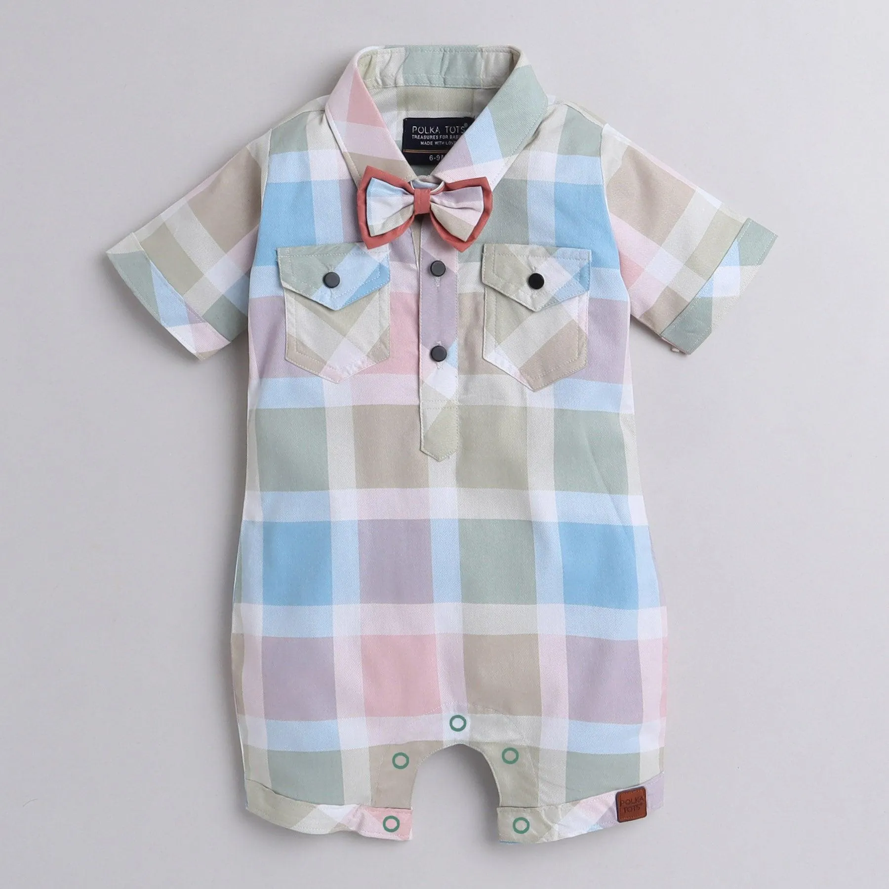Polka Tots Cotton Half Sleeve Checks Party Wear Shirt Romper With Dual Bow - Pista Green & Pink