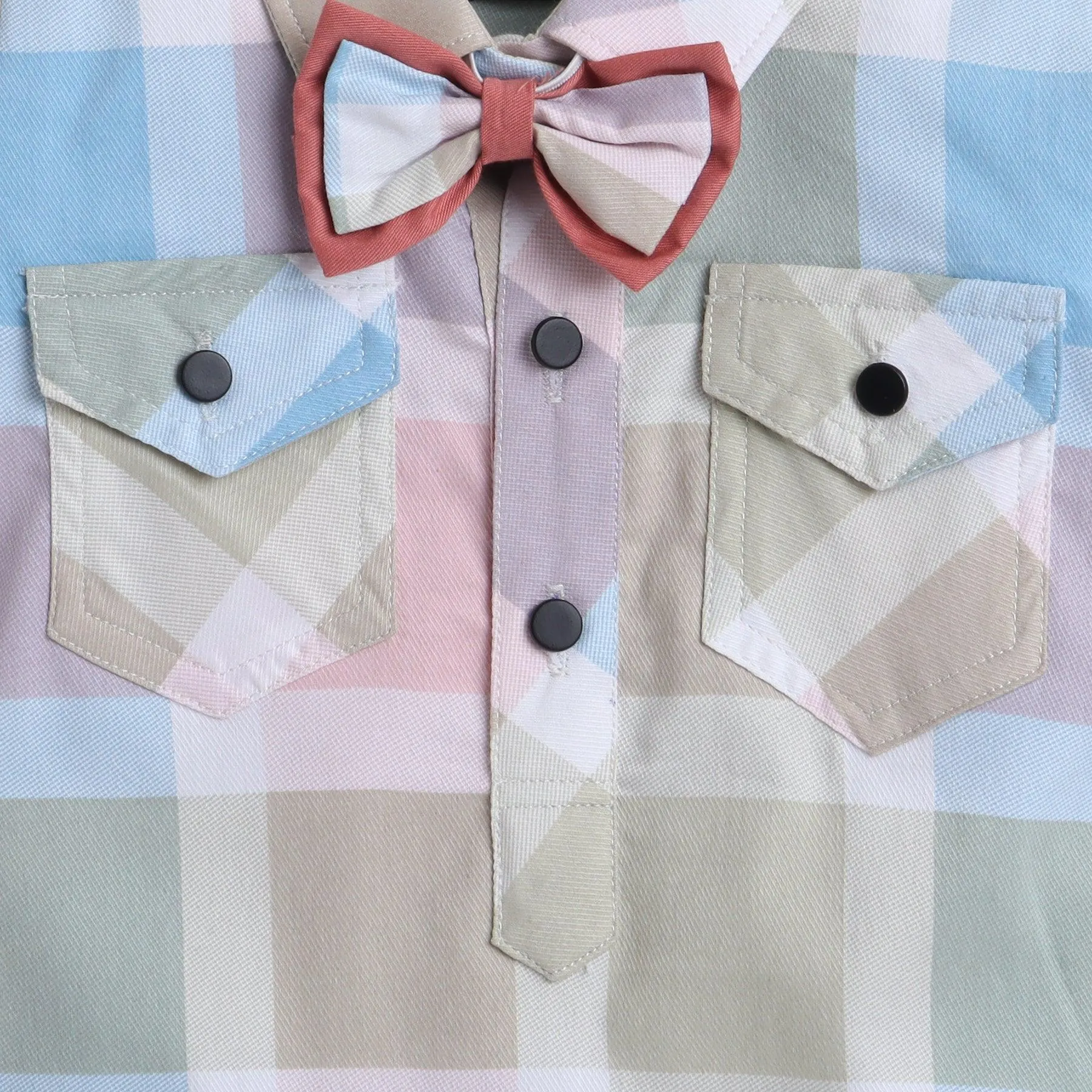 Polka Tots Cotton Half Sleeve Checks Party Wear Shirt Romper With Dual Bow - Pista Green & Pink