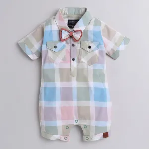 Polka Tots Cotton Half Sleeve Checks Party Wear Shirt Romper With Dual Bow - Pista Green & Pink