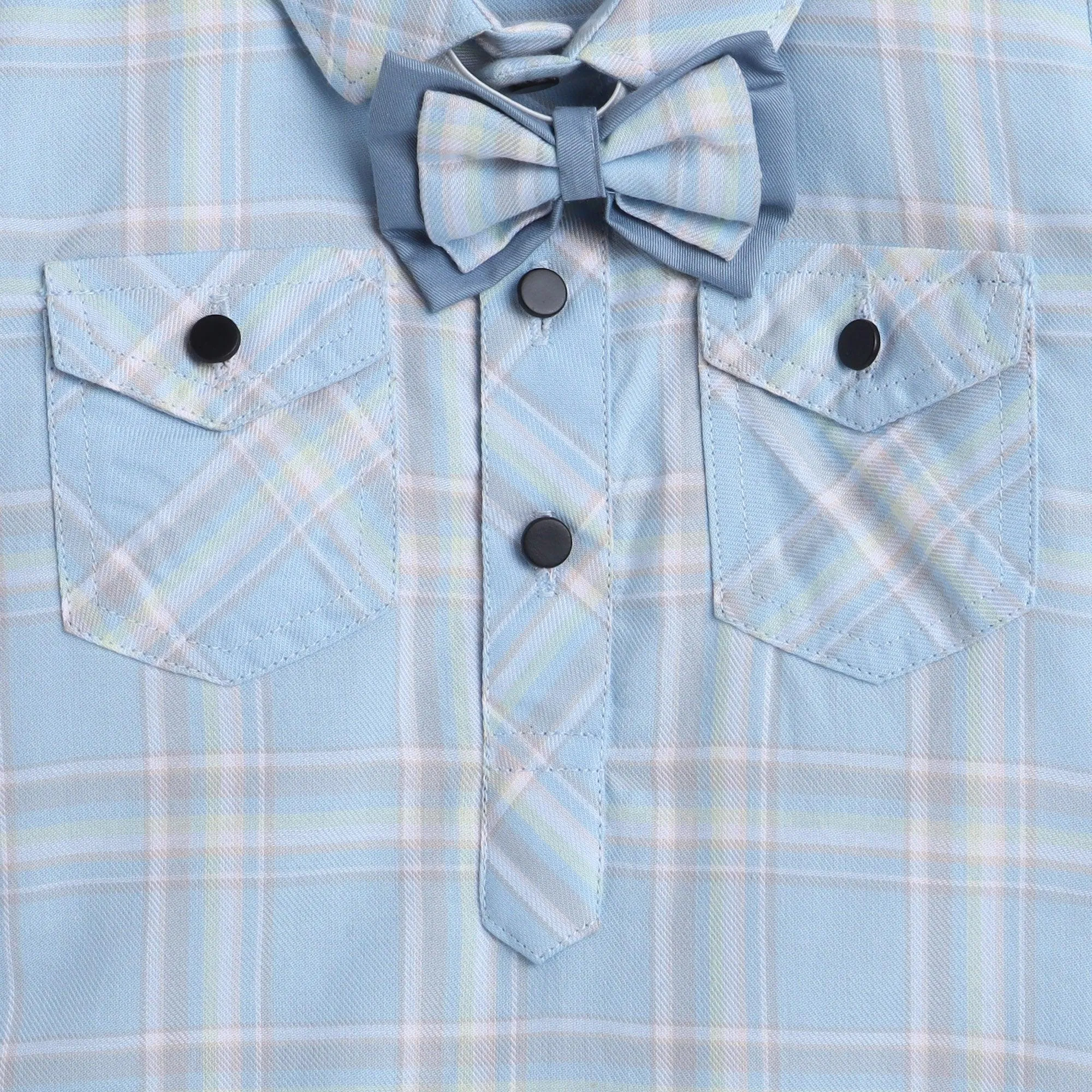 Polka Tots Cotton Half Sleeve Checks Party Wear Shirt Romper With Dual Bow - Sky Blue