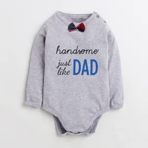 Polka Tots Full Sleeve Cotton Mittens Romper Just like DAD With Red Cheks bow tie - Grey