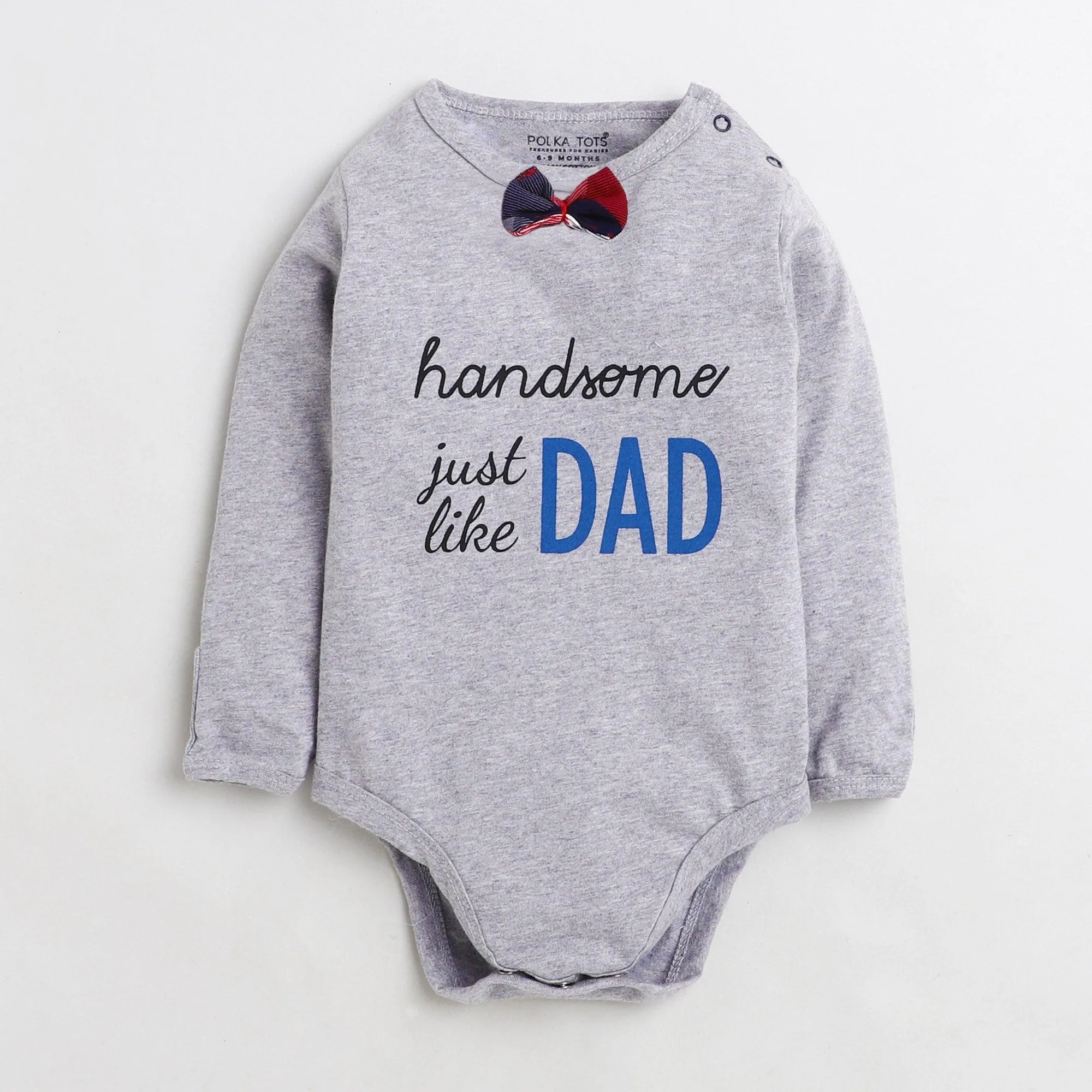 Polka Tots Full Sleeve Cotton Mittens Romper Just like DAD With Red Cheks bow tie - Grey