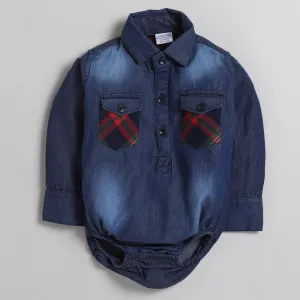 Polka Tots Full Sleeve Denim Shirt Romper- Dual Red Checks Pocket - Blue Denim