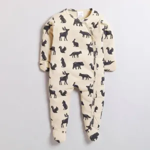 Polka Tots Full Sleeve Footed Romper with Folded Mittens  100% Super Soft Cotton Animals Cream