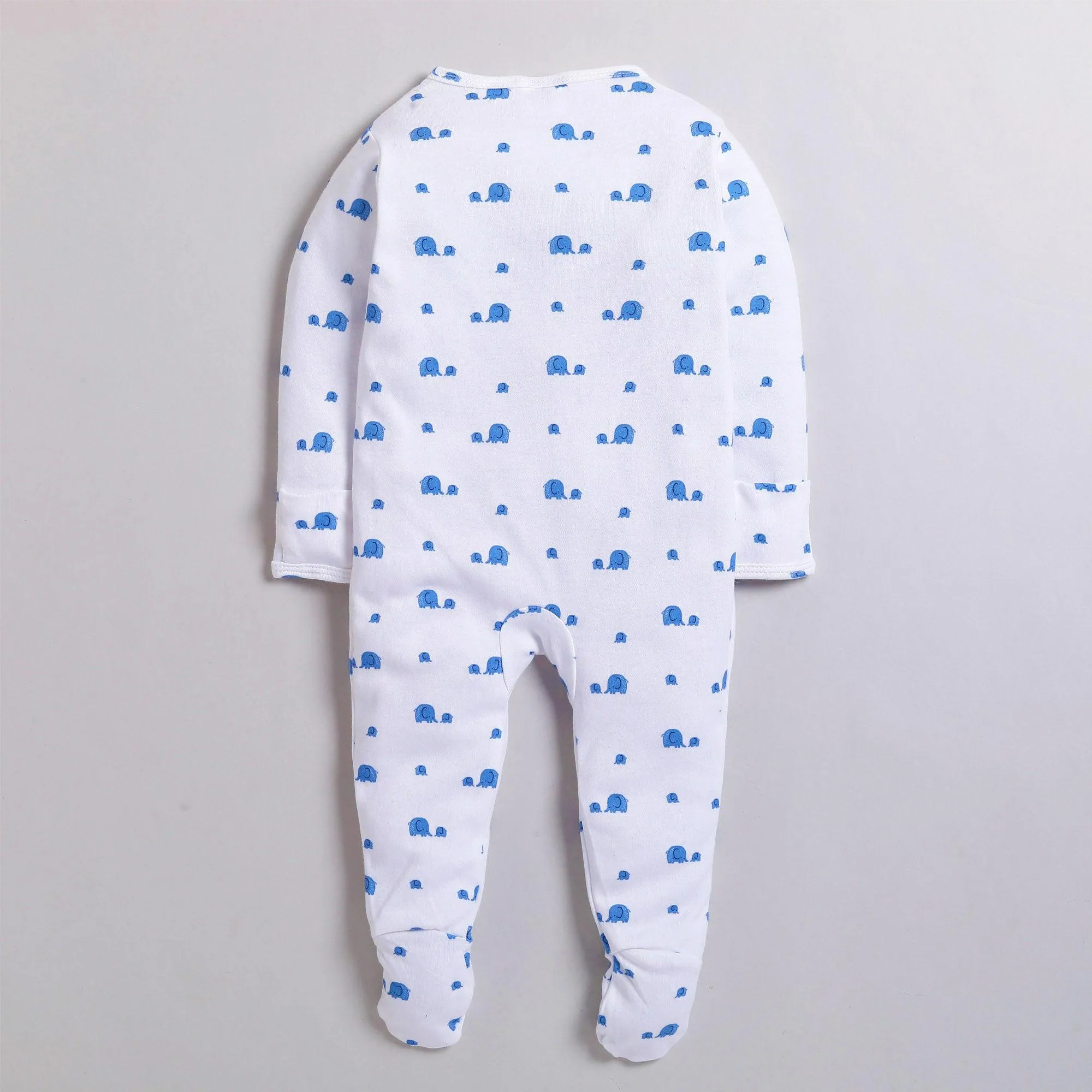 Polka Tots Full Sleeve Footed Romper with Folded Mittens  100% Super Soft Cotton Baby Elephants White