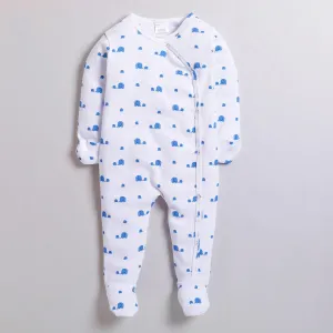 Polka Tots Full Sleeve Footed Romper with Folded Mittens  100% Super Soft Cotton Baby Elephants White