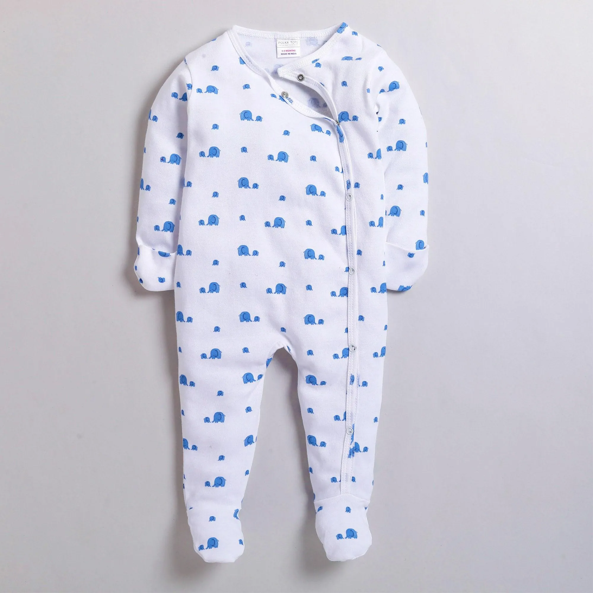 Polka Tots Full Sleeve Footed Romper with Folded Mittens  100% Super Soft Cotton Baby Elephants White